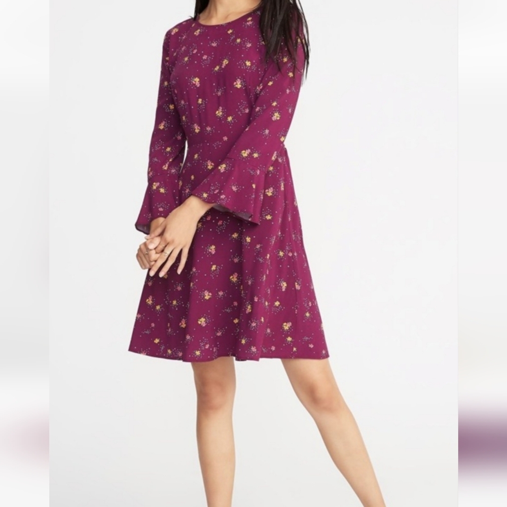 Old Navy Flared Sleeve Purple Floral Midi Dress